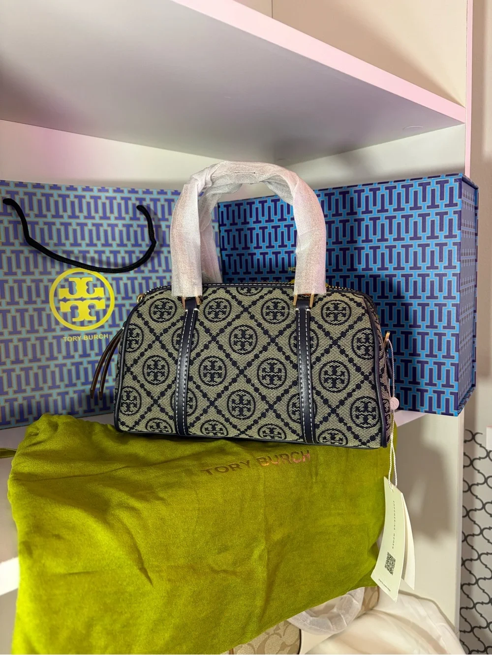 Tory Burch Navy & Cream Logo Jacquard Small Satchel